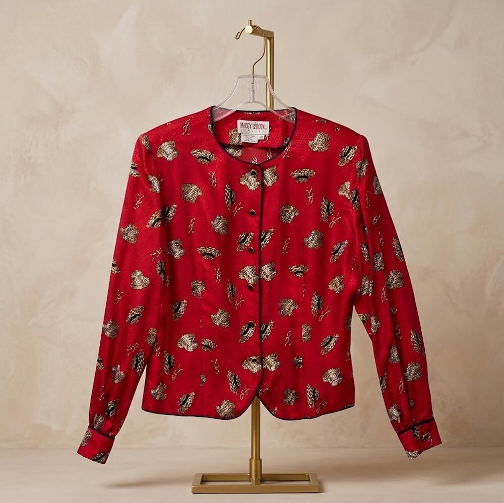 Vintage Maggy London Red Silk Print Blouse Button Up Sz 10